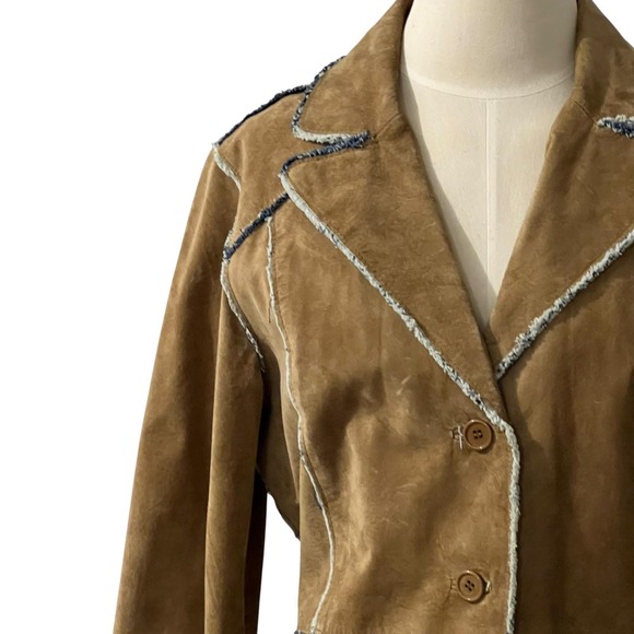 Scully Suede Leather Denim Lined Coat Tan Western Raw Edge Seam Jacket Womens - Picture 4 of 10